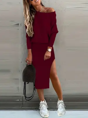 Kadın Uzun Kollu Düşük Omuz Yırtmaç Detay Kaşkorse Etek Bluz Ikili Takım