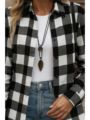 Kadın Uzun Kollu Ekoseli önden Düğmeli Dokuma Uzun Gömlek