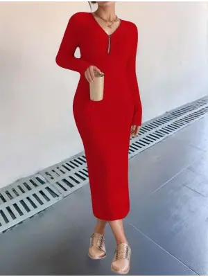 Omarı Şık Kadın Maxi Elbise Fermuar Detayıyla Şıklık Katın