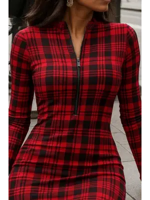 Kadın Uzun Kollu Fermuarlı Ekose Baskılı Dalgıç Elbise