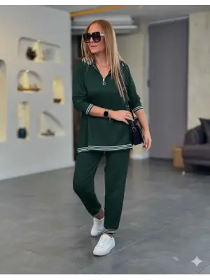 Kadın Uzun Kollu Fermuarlı şerit Detay Desenli Alt üst Ikili Viskon Iki Iplik Takım