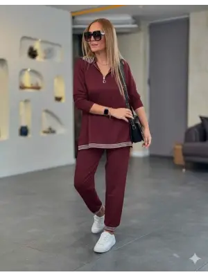 Kadın Uzun Kollu Fermuarlı şerit Detay Desenli Alt üst Ikili Viskon Iki Iplik Takım