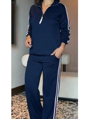 Kadın Uzun Kollu Fermuarlı Viskon Iki Iplik Bluz Ve Pantolon Ikili Takım