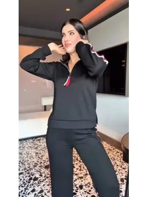 Kadın Uzun Kollu Fermuarlı Viskon Iki Iplik Bluz Ve Pantolon Ikili Takım
