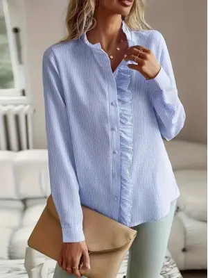 Kadın Uzun Kollu Fırfır Yakalı önden Düğmeli çizgili Burgu Gömlek