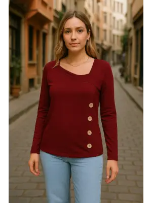 Omarı Geometrik Detaylı Kadın Uzun Kollu Bluz