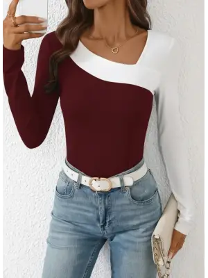 Kadın Uzun Kollu Geometrik Yaka Detaylı çift Renkli Viskon Bluz