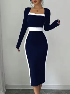 Kadın Uzun Kollu Geometrik Yaka Midi Ithal Krep Elbise