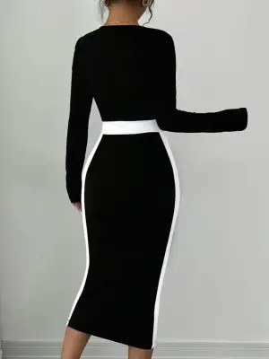 Kadın Uzun Kollu Geometrik Yaka Midi Ithal Krep Elbise