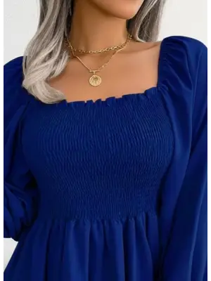 Kadın Uzun Kollu Geometrik Yakalı Gipe Detaylı Krep Bluz