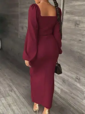 Asimetrik Yakalı Şık Uzun Krep Elbise