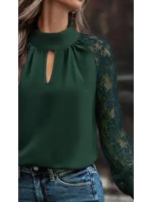 Kadın Uzun Kollu Göğüs Pencere Detay Yaka Boğazlı Kolları Tüllü Sandy Bluz