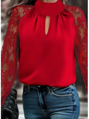 Kadın Uzun Kollu Göğüs Pencere Detay Yaka Boğazlı Kolları Tüllü Sandy Bluz