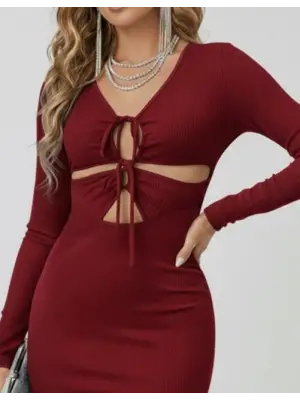 Kadın Uzun Kollu Göğüs Ve Göbek Dekolte Detay Sandy Midi Boy Elbise