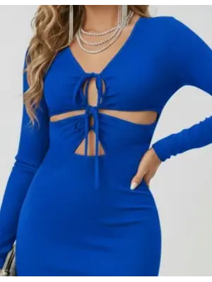 Kadın Uzun Kollu Göğüs Ve Göbek Dekolte Detay Sandy Midi Boy Elbise