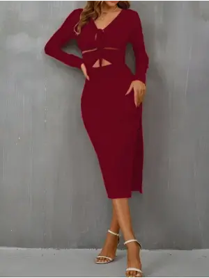 Kadın Uzun Kollu Göğüs Ve Göbek Dekolte Detay Sandy Midi Boy Elbise