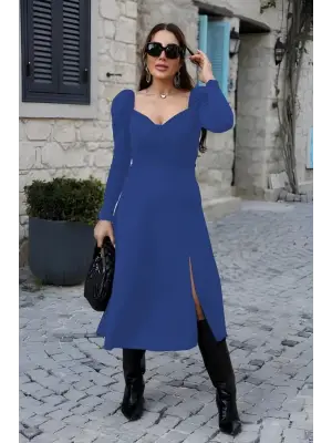 Kadın Uzun Kollu Göğüs Ve Sırt Dekolteli Krep Midi Boy Elbise