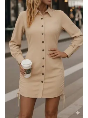 Kadın Uzun Kollu Gömlek Yaka önden Düğmeli Yanlardan Büzgülü Kısa Aerobin Elbise
