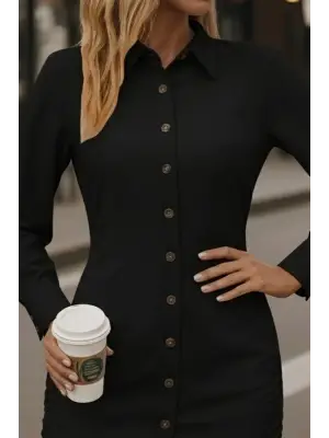 Kadın Uzun Kollu Gömlek Yaka önden Düğmeli Yanlardan Büzgülü Kısa Aerobin Elbise