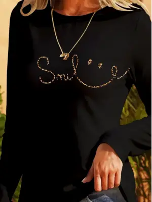 Omarı Gülümseyen Surat Desenli Uzun Kollu Kadın Viskon Bluz