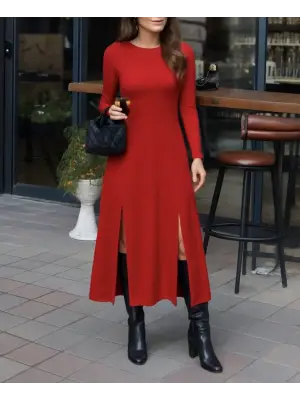 Kadın Uzun Kollu Hafif Kayık Yaka Sırt Dekolteli Yırtmaç Detaylı Viskon Tam Boy Elbise