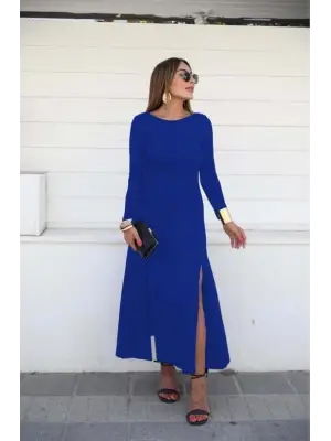 Kadın Uzun Kollu Hafif Kayık Yaka Sırt Dekolteli Yırtmaç Detaylı Viskon Tam Boy Elbise