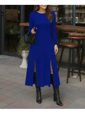 Kadın Uzun Kollu Hafif Kayık Yaka Sırt Dekolteli Yırtmaç Detaylı Viskon Tam Boy Elbise