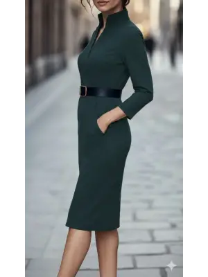 Kadın Uzun Kollu Hakim Yaka Beli Kemerli Cepli Midi Ithal Krep Elbise
