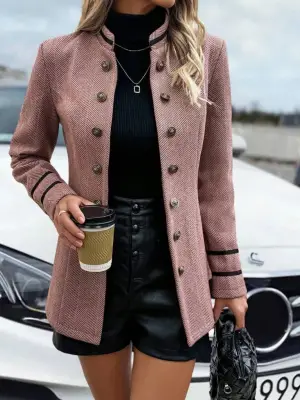Kadın Uzun Kollu Hakim Yaka Düğme Detaylı Mini Dokuma Ceket