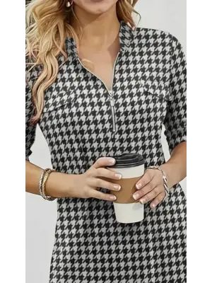 Kadın Uzun Kollu Hakim Yaka Yakadan Fermuarlı Geometrik Desenli Süprem Bluz