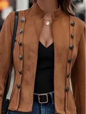Kadın Uzun Kollu Hakim Yaka Yanlardan Düğmeli Kısa Süet Ceket