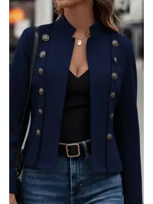 Kadın Uzun Kollu Hakim Yaka Yanlardan Düğmeli Kısa Süet Ceket