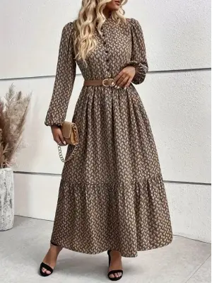 Kadın Uzun Kollu Hakim Yakalı Düğmeli Kemersiz Desenli Maxi Süprem Elbise