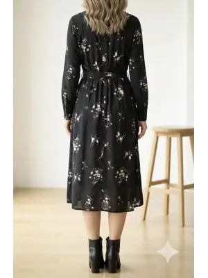 Kadın Uzun Kollu Hakim Yakalı Düğmeli Kuşaklı Desenli Maxi Mikro Süprem Elbise