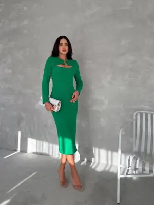 Kadın Uzun Kollu Halka Ve Pencere Dekolte Detay Fırsat ürün Midi Boy Elbise