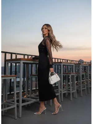 Kadın Uzun Kollu Halka Yaka Tül Inci Detaylı Uzun Ithal Krep Elbise