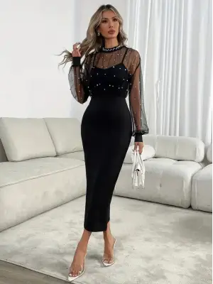 İddialı Halka Yaka Tül İnci Detaylı Elbise