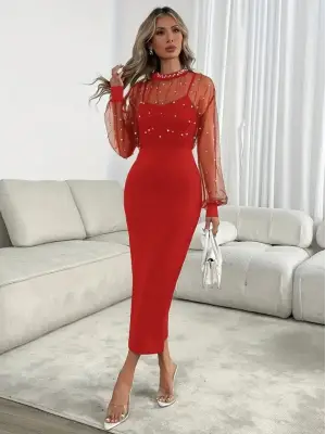 Kadın Uzun Kollu Halka Yaka Tül Inci Detaylı Uzun Ithal Krep Elbise