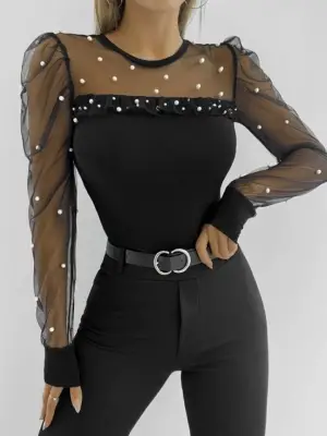 Kadın Uzun Kollu Inci Detaylı Tüllü Viskon Bluz