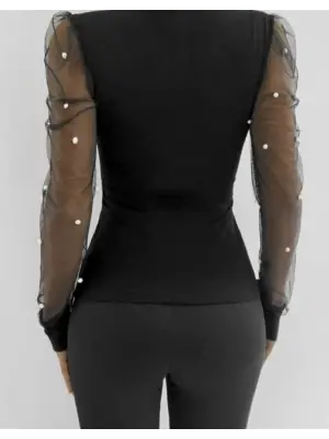 Kadın Uzun Kollu Inci Detaylı Tüllü Viskon Bluz