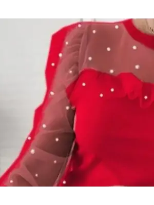 Kadın Uzun Kollu Inci Detaylı Tüllü Viskon Bluz