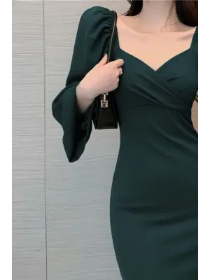 Kadın Uzun Kollu Kalp Yakalı Midi Ithal Krep Elbise