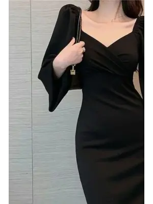 Kadın Uzun Kollu Kalp Yakalı Midi Ithal Krep Elbise