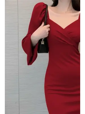 Kadın Uzun Kollu Kalp Yakalı Midi Ithal Krep Elbise