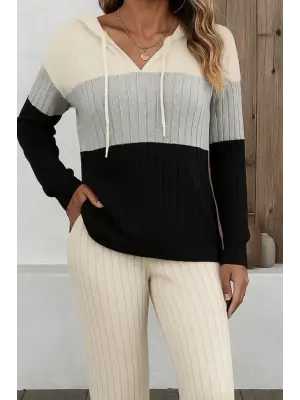 Kadın Uzun Kollu Kapşonlu Bağcıklı Blok Renkli şardonlu Kaşkorse Bluz Ve Pantolon Ikili Takım
