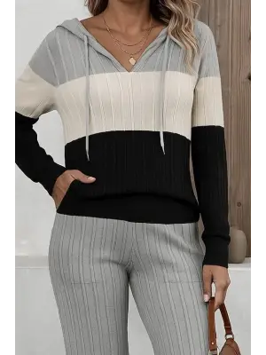 Kadın Uzun Kollu Kapşonlu Bağcıklı Blok Renkli şardonlu Kaşkorse Bluz Ve Pantolon Ikili Takım