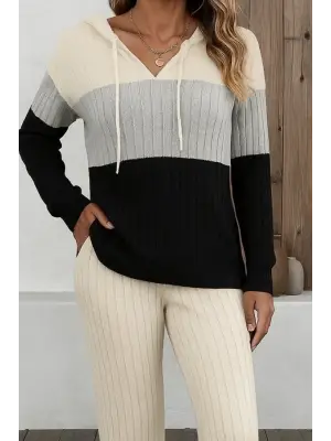 Kadın Uzun Kollu Kapşonlu Bağcıklı Blok Renkli şardonlu Kaşkorse Bluz Ve Pantolon Ikili Takım