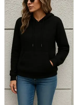 Kadın Uzun Kollu Kapşonlu Bağcıklı Cepli Capitone Sweatshirt