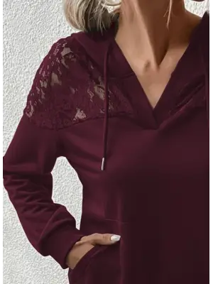 Kadın Uzun Kollu Kapşonlu Bağcıklı Dantelli Viskon Iki Iplik Bluz