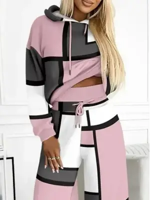 Kadın Uzun Kollu Kapşonlu Bağcıklı Desenli Iki Iplik Bluz Ve Pantolon Ikili Takım